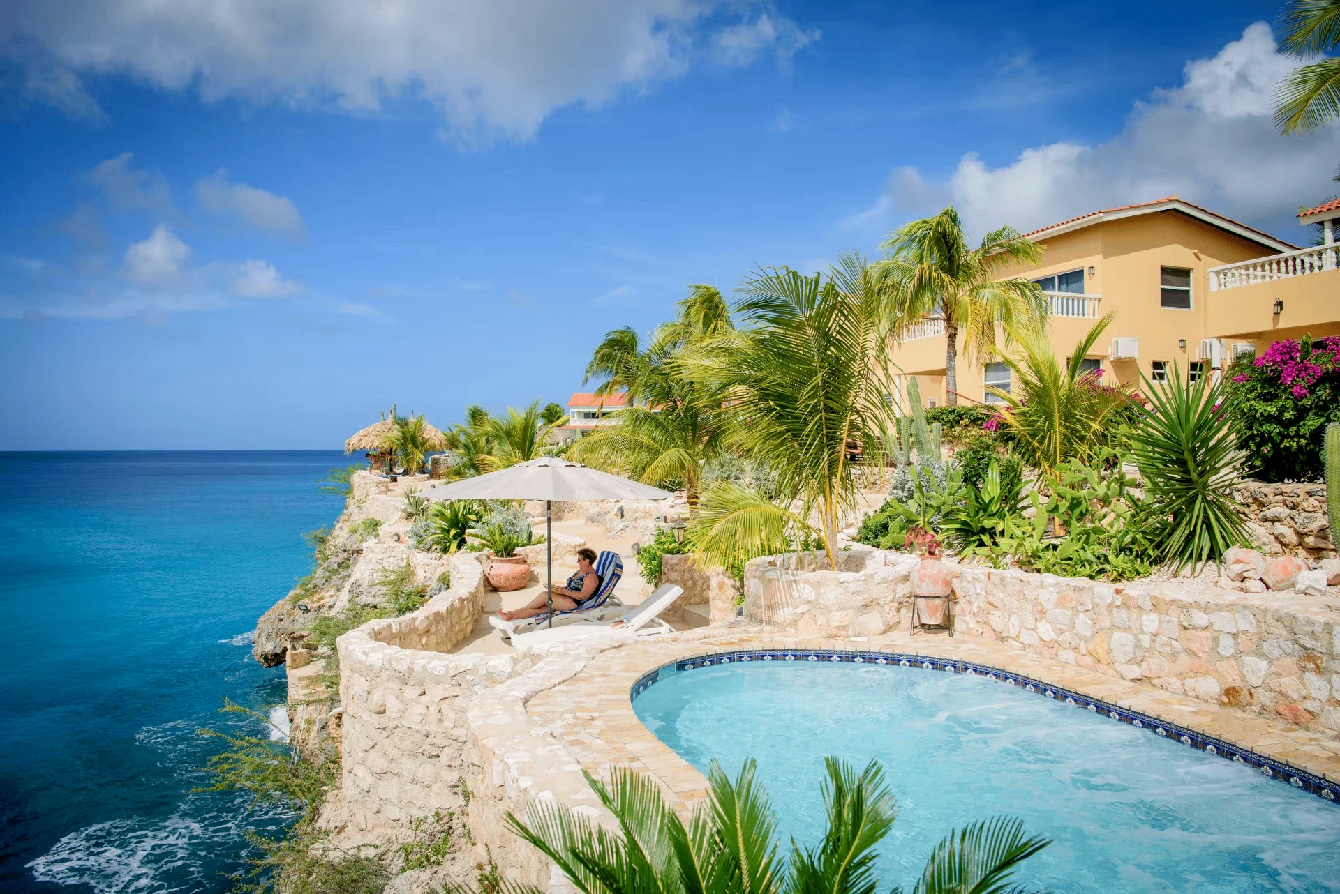 Shared cliff-top pool with loungers, palms and the resort building